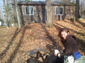 Enjoying morning coffeee by the fire