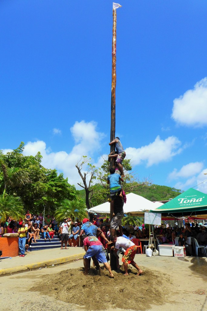 attempting to climb the grease covered pole