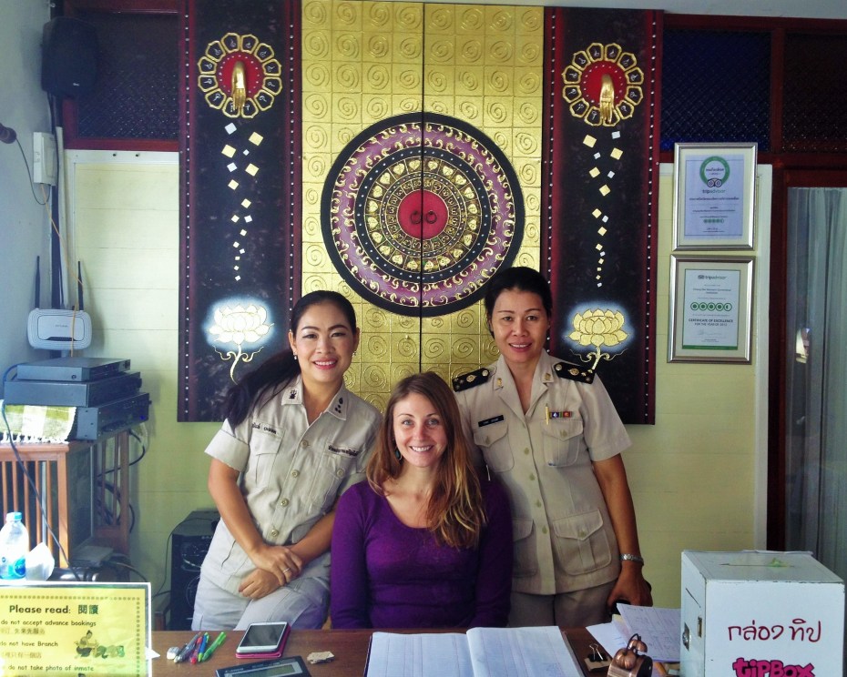 Jenn interviewing for the massage therapist opening with the warden on the way out.